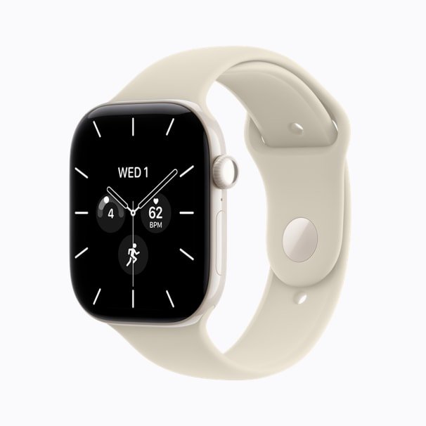 Pearl white ceramic Apple Watch Series 12 with a sand sport band