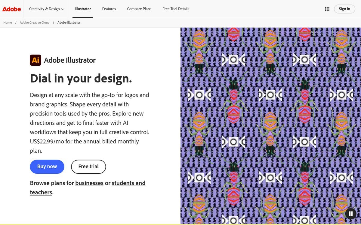 Adobe Illustrator product page showing a repeating vector pattern design