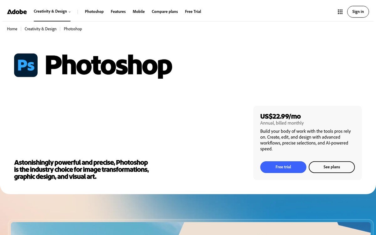 Adobe Photoshop product page showing the US$22.99 per month single app price