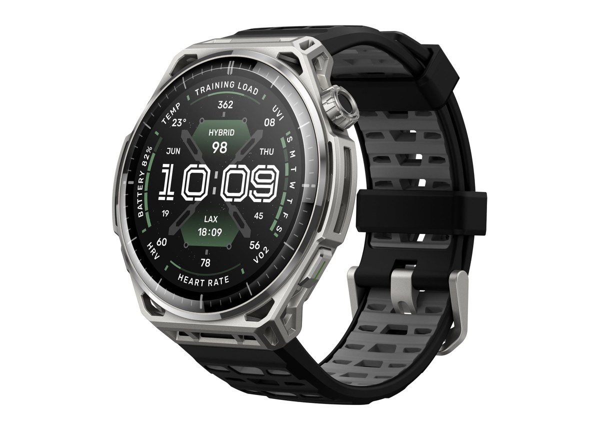 Amazfit Balance 3 smartwatch in silver with a black and grey band