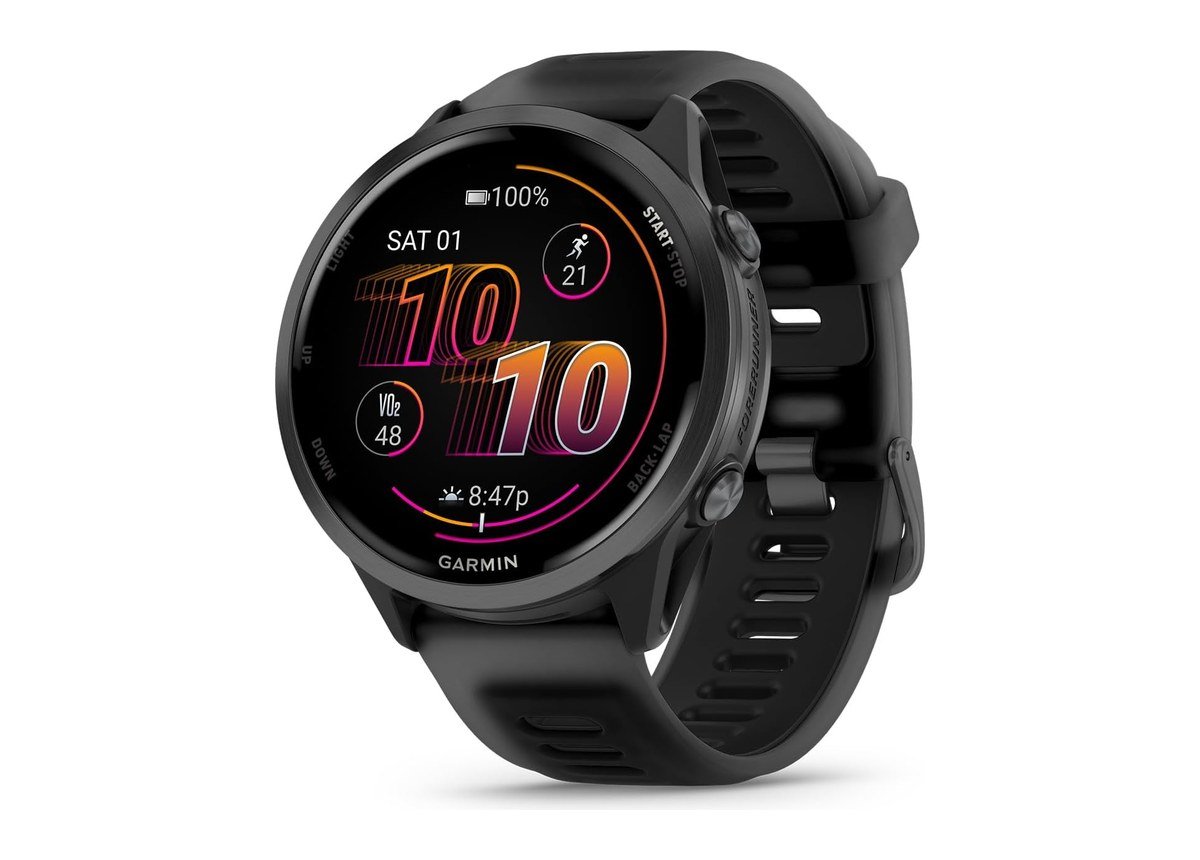 Garmin Forerunner 570 47mm in black showing a running watch face