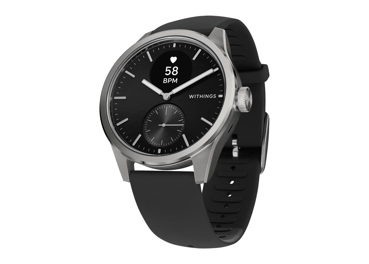 Withings ScanWatch 2 hybrid smartwatch with a black dial and heart rate readout