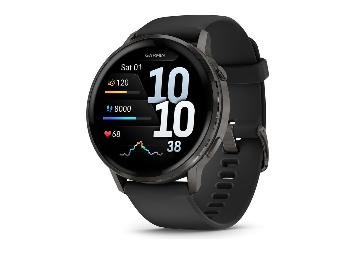 Garmin Venu 4 45mm with a black silicone band showing daily stats