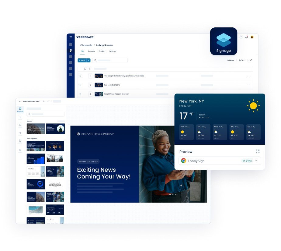 Appspace workplace signage interface with content cards and screen preview