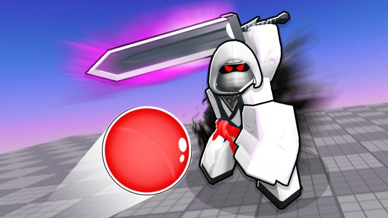 White-hooded Blade Ball character raising a large sword as the red ball streaks toward them