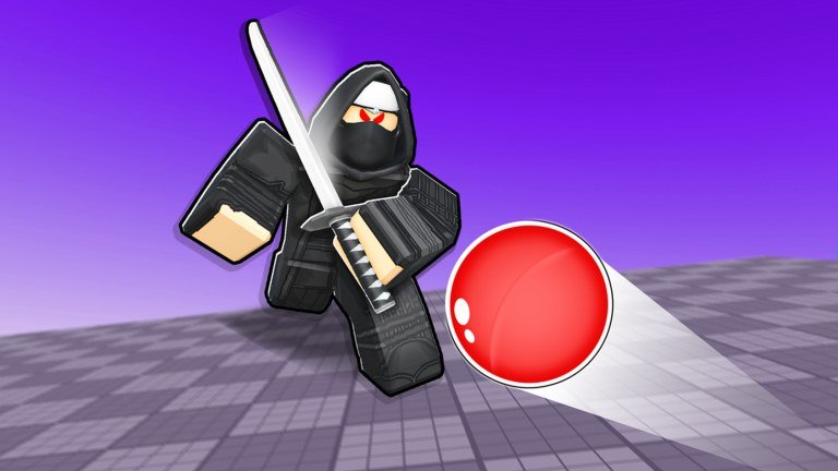 Blade Ball character in black ninja gear holding a katana as the red ball approaches
