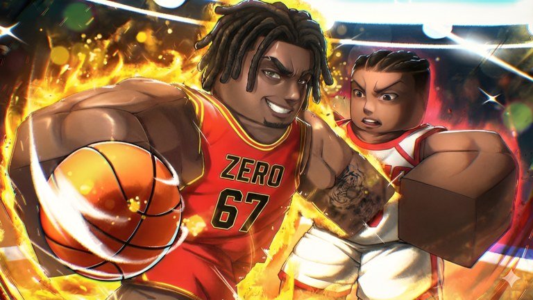 Two Basketball Zero players in red and white Zero jerseys competing for the ball in flames