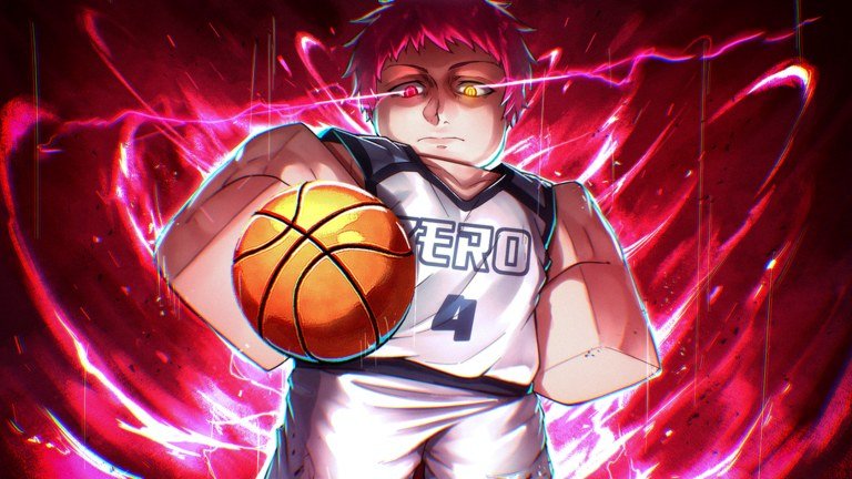 Basketball Zero character in a white Zero jersey holding a ball surrounded by red aura