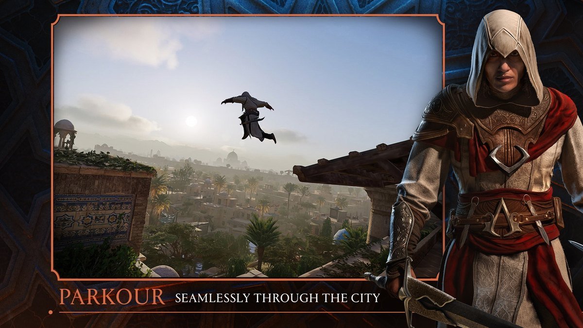 Assassin's Creed Mirage on iPhone showing a leap across the rooftops