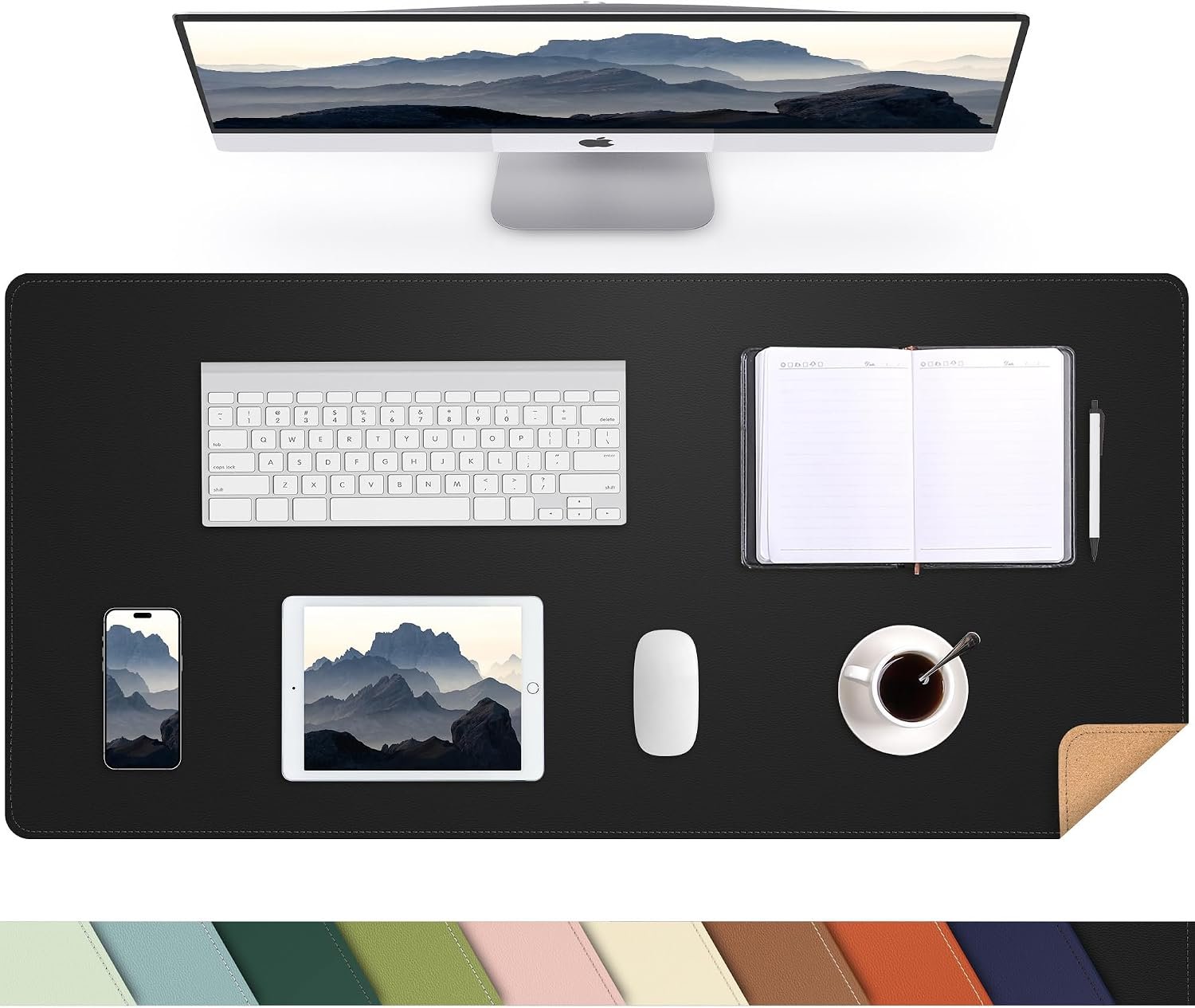 AFIING cork and PU leather desk mat in black