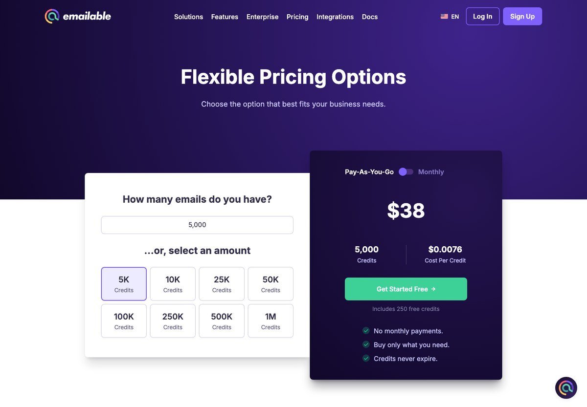 Emailable pricing page with pay-as-you-go credits and 250 free credits