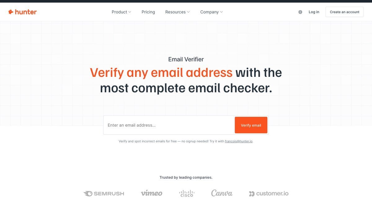 Hunter Email Verifier page with a field for checking a single address