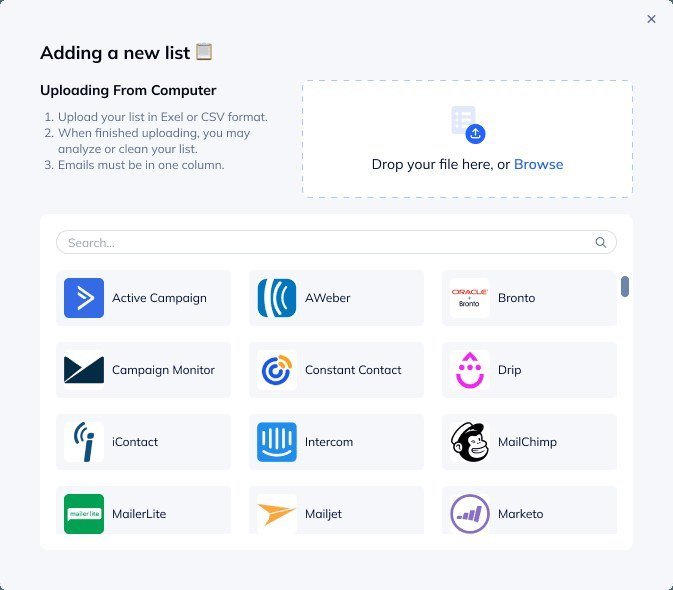 NeverBounce app screen for uploading a list and connecting an email platform