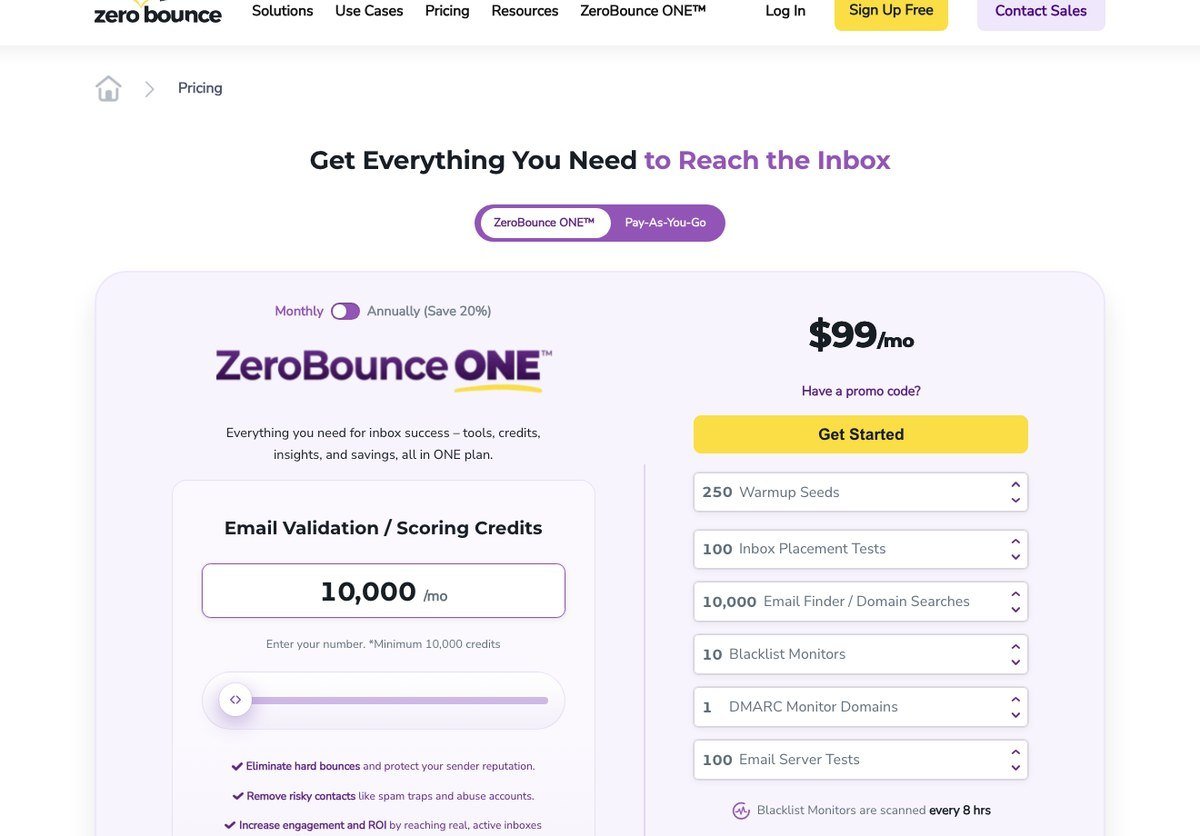 ZeroBounce pricing page showing the ZeroBounce ONE plan and email validation credits