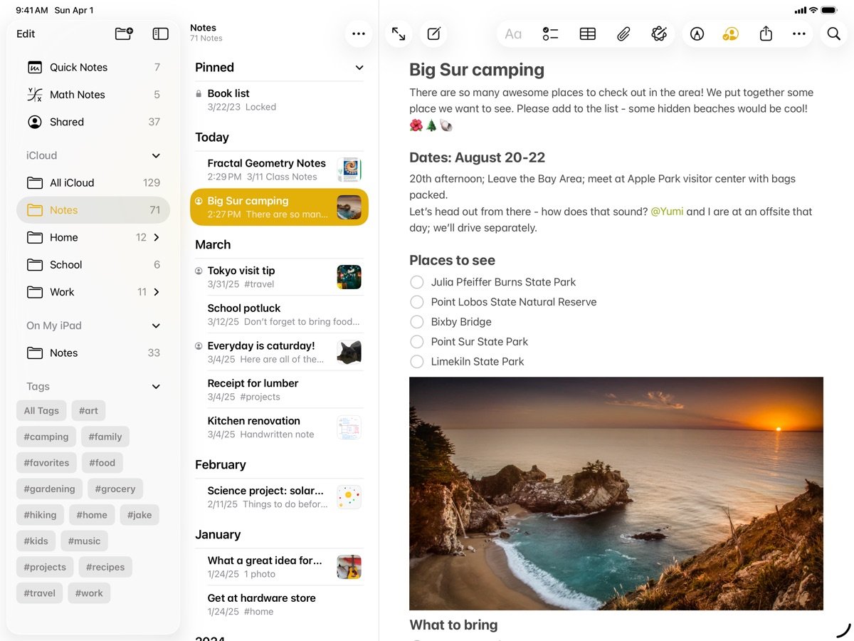 Apple Notes App Store screenshot showing a note with folders and an image