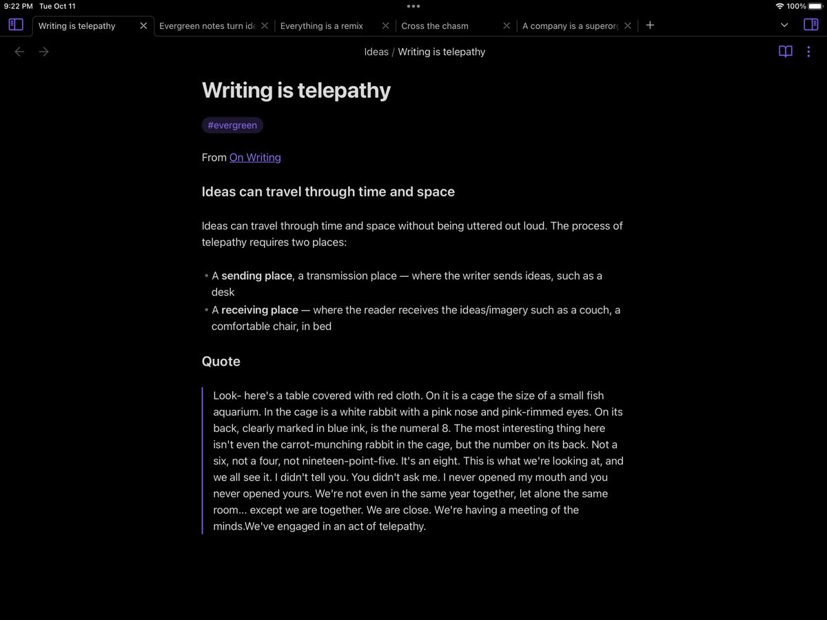 Obsidian App Store screenshot showing a linked markdown note in dark mode