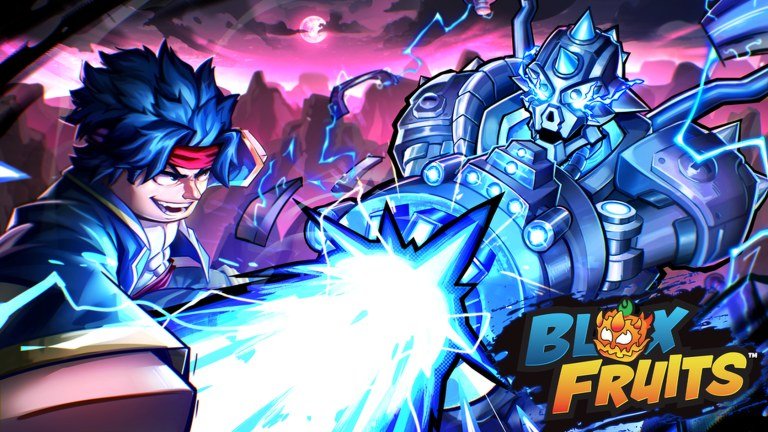 Blox Fruits artwork of a blue haired swordsman in a red headband facing a blue mechanical beast in a lightning storm