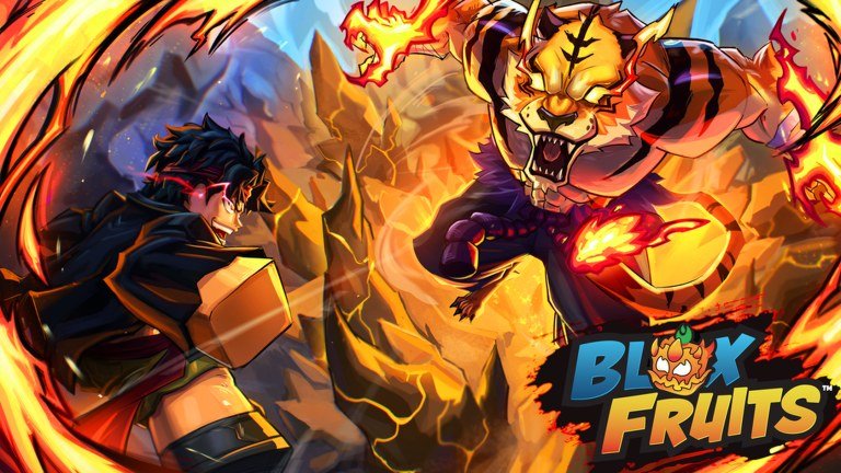 Blox Fruits artwork of a fighter in a red headband dodging a flaming tiger