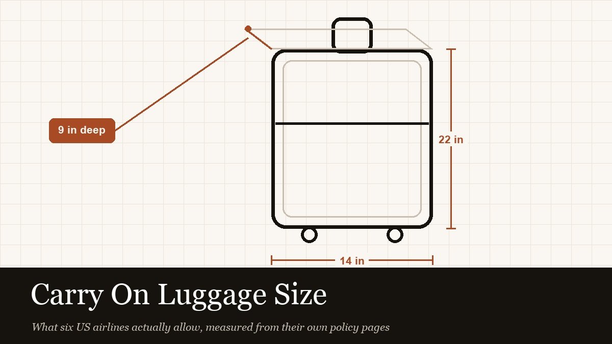 Carry on luggage size shown as a measured diagram of a cabin case