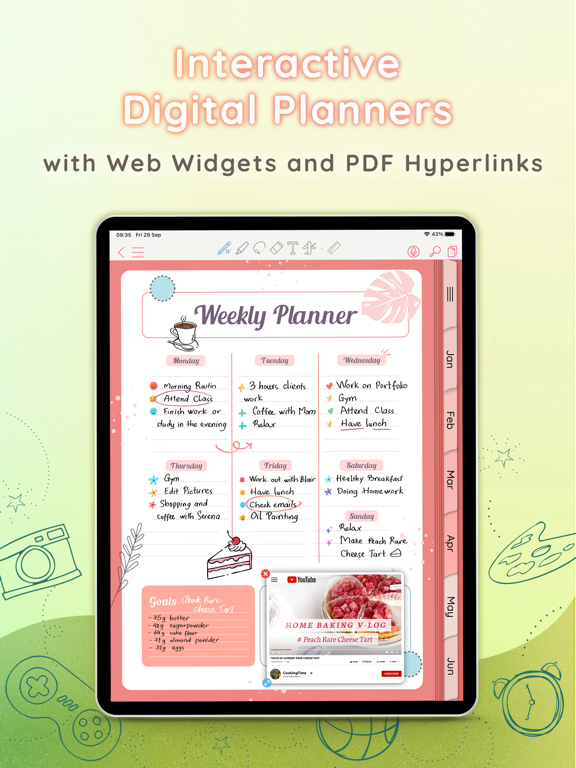 CollaNote on iPad showing a weekly digital planner with hyperlinked month tabs