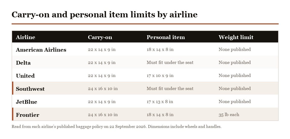 Carry-on and personal item size limits by US airline