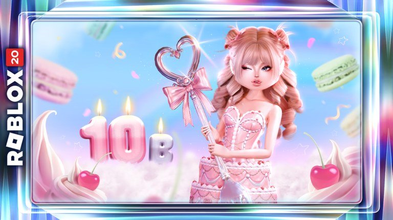 Dress to Impress promotional art celebrating ten billion visits with a pink themed model and a heart shaped accessory