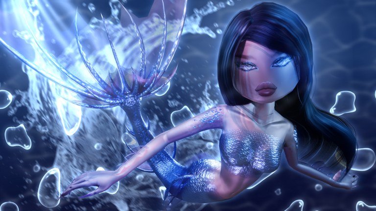 Dress to Impress character in a shimmering mermaid tail underwater
