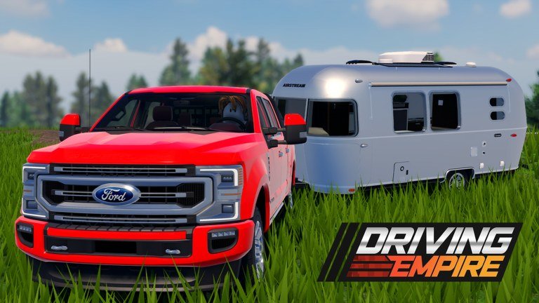 Driving Empire image of a red Ford pickup towing a silver camper trailer across a grassy field