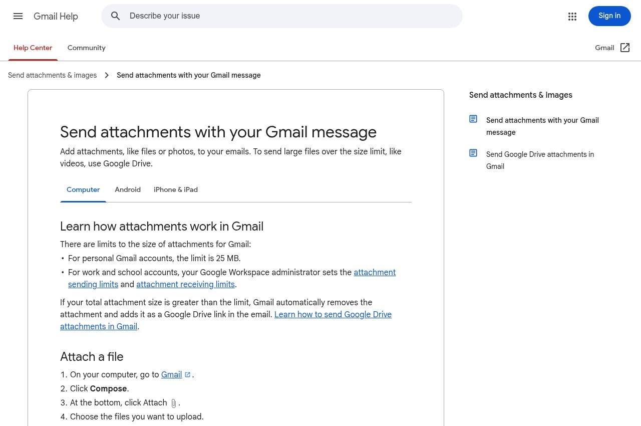 Gmail help page showing the 25 MB attachment limit for personal accounts