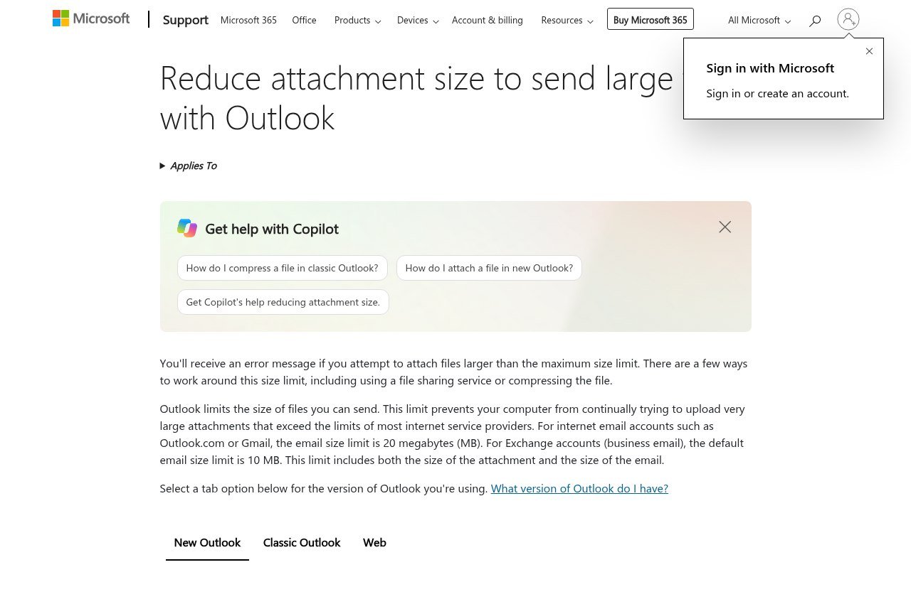 Microsoft guidance on reducing attachment size to send large files with Outlook