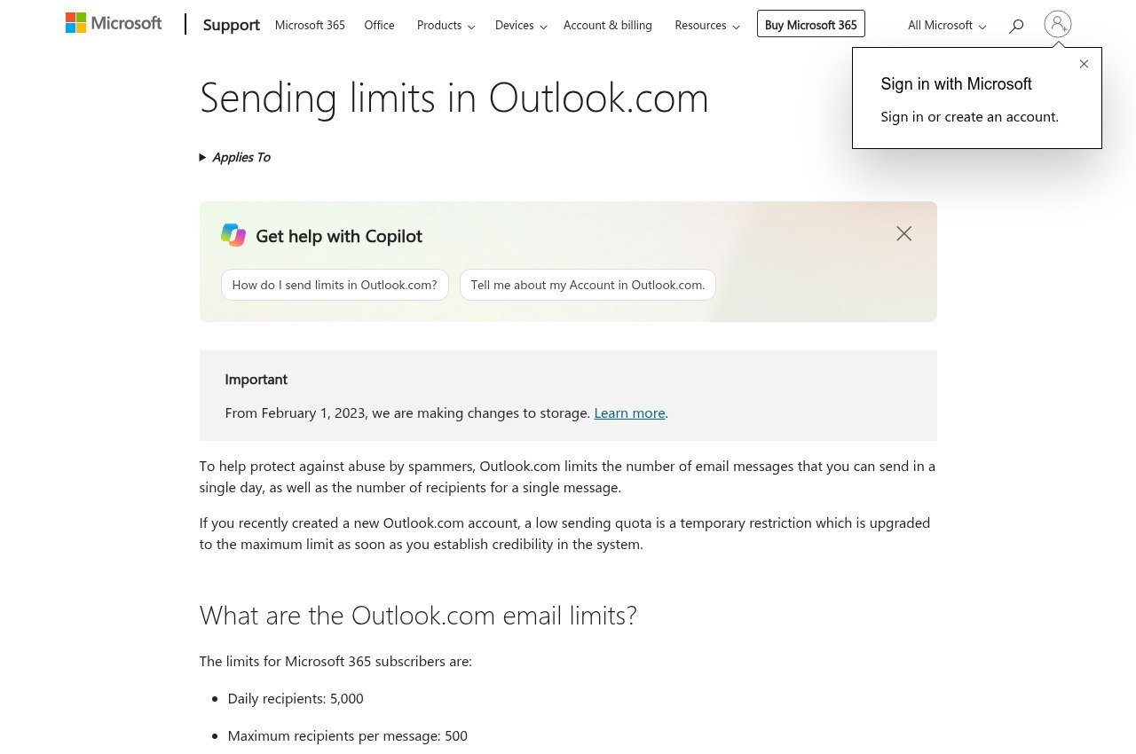 Microsoft support page listing sending limits in Outlook.com