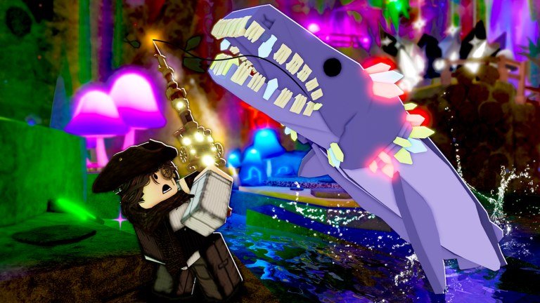 Fisch angler fighting a large purple fish in a glowing mushroom cavern