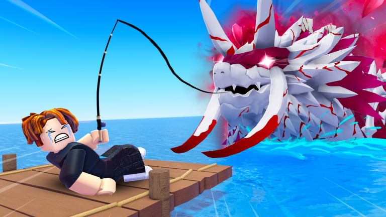 A Roblox angler hooking a white and red horned hydra rising out of the sea in Fish It