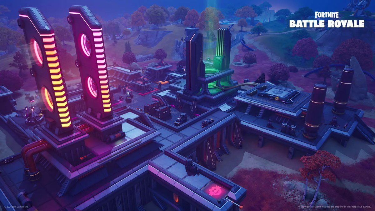 Fortnite Override screenshot of Reality&rsquo;s Reign, a neon-lit area of towers, pipes and power cables