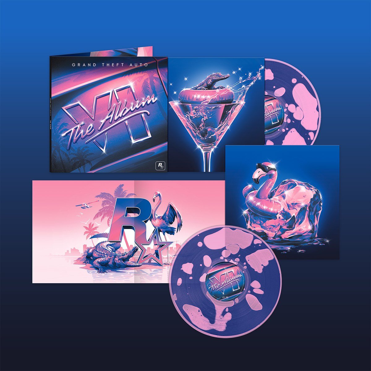 Vinyl and CD editions of Grand Theft Auto VI: The Album including the liquid filled limited edition disc