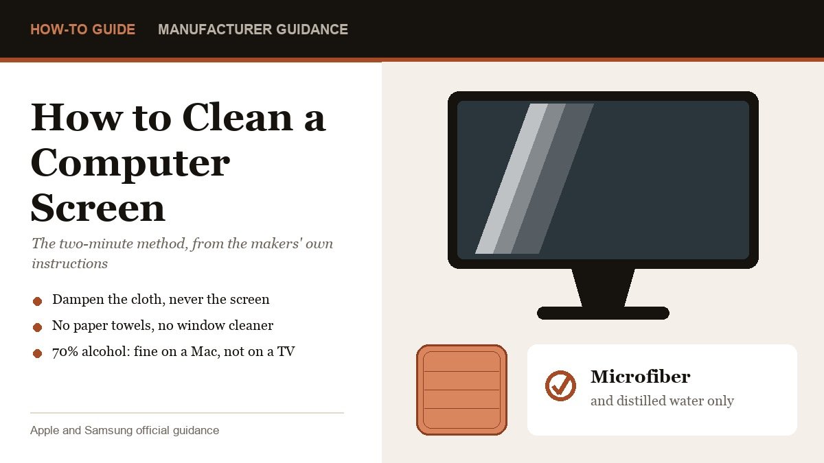 Illustration of a computer monitor being cleaned with a microfiber cloth