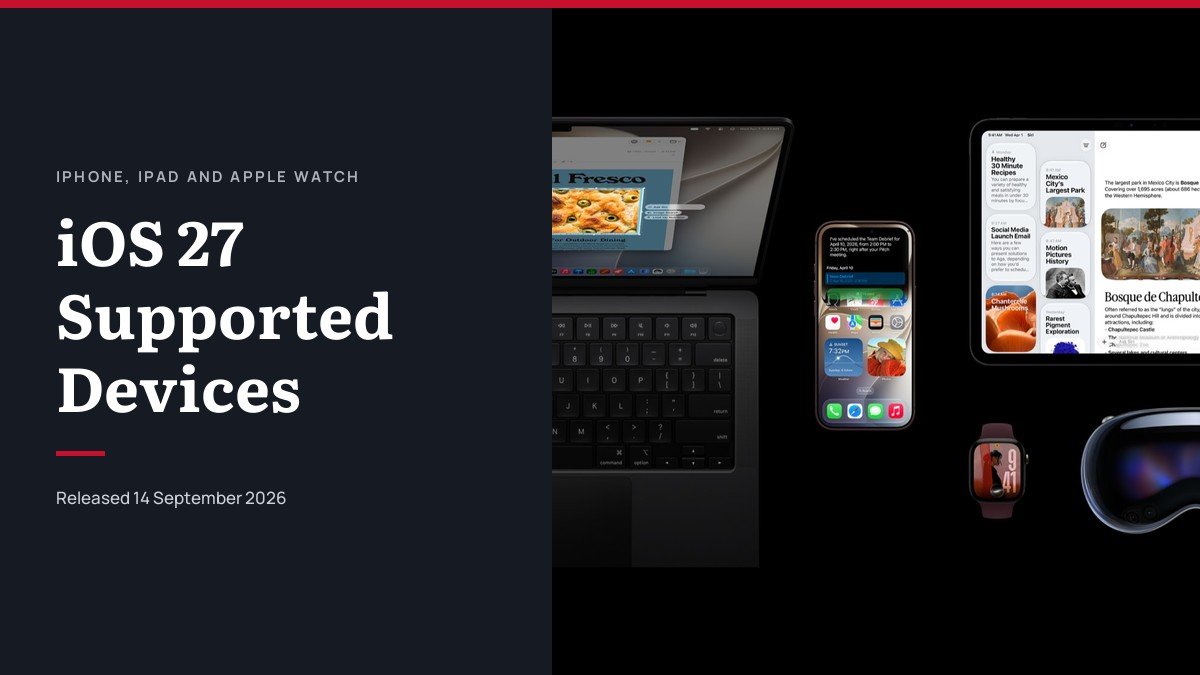 iOS 27 Supported Devices featured image with iPhone, iPad, Mac, Apple Watch and Vision Pro