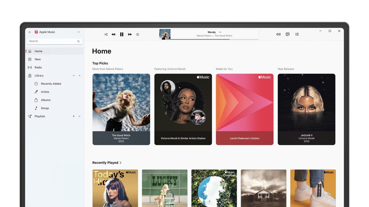 Apple Music app for Windows showing the Home screen with Top Picks and Recently Played