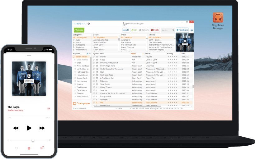 CopyTrans Manager shown on a laptop and an iPhone managing music without iTunes