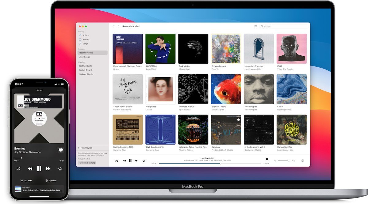 Doppler music player on a MacBook and an iPhone showing album artwork