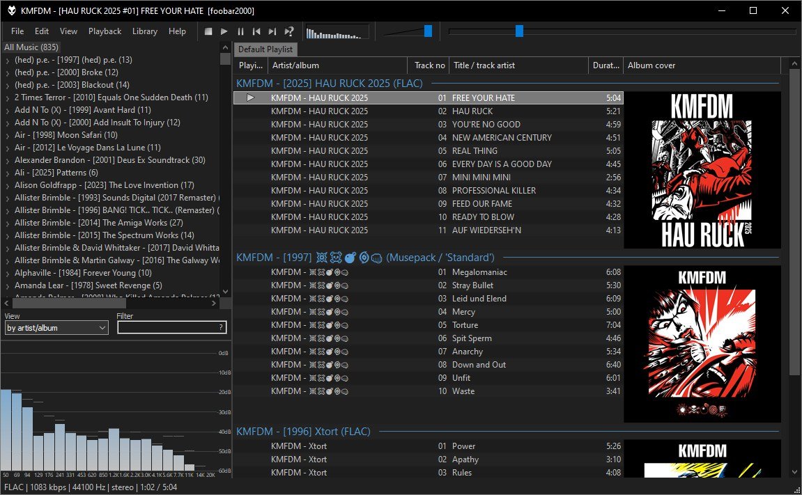 foobar2000 default layout with an album list, playlist, album art and spectrum
