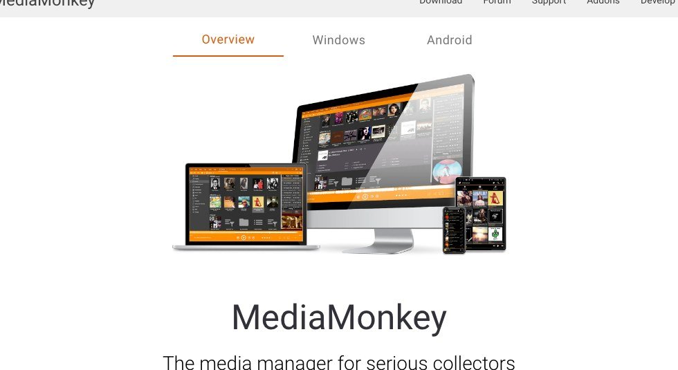 MediaMonkey media manager shown on a desktop, laptop and phone