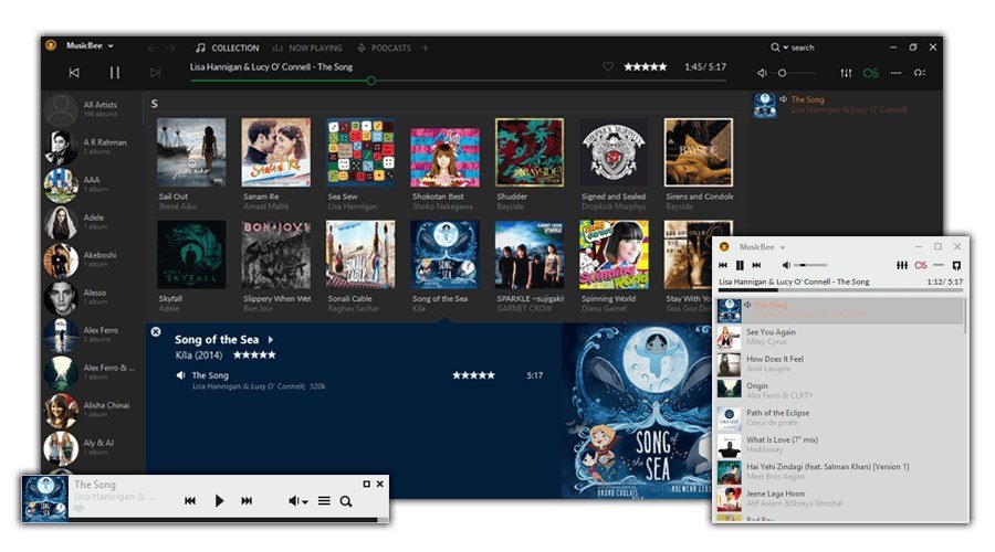 MusicBee music manager for Windows with an album grid and a now-playing panel