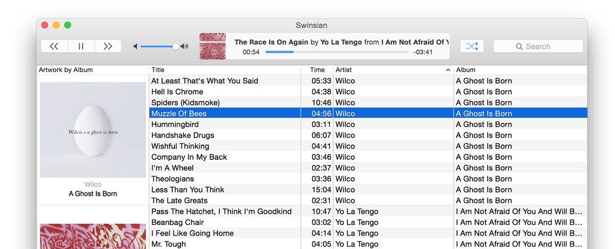 Swinsian music player for Mac with the column browser and track list