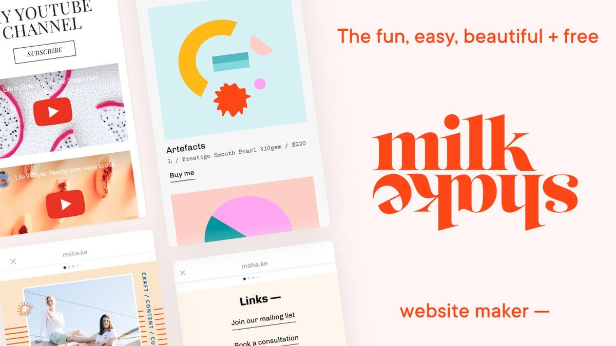 Milkshake home page showing a free website builder app for phones