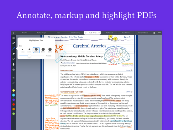 Noteful on iPad highlighting a PDF with a Year Planner tab open
