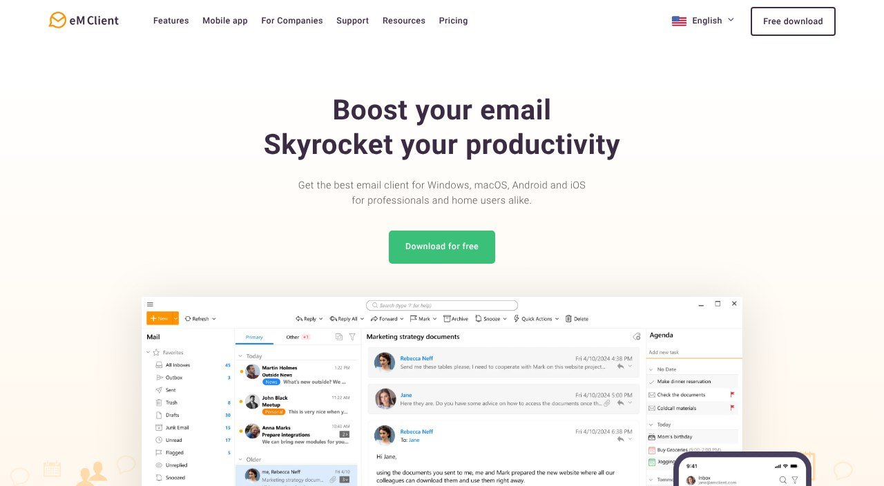 eM Client homepage showing the desktop email client for Windows and macOS