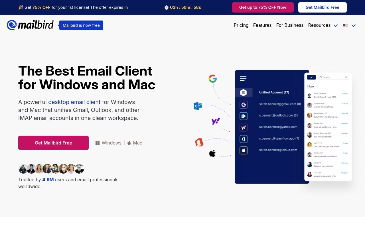 Mailbird homepage showing its unified inbox for Windows and Mac