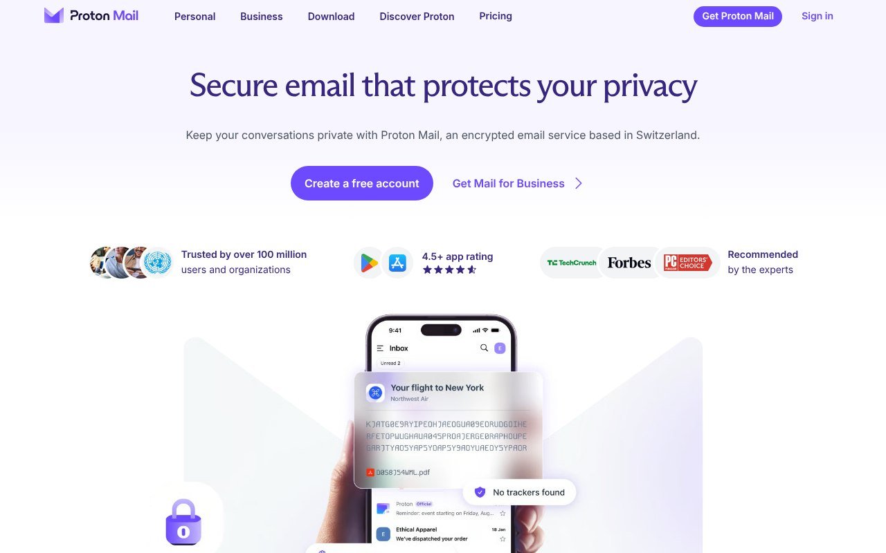 Proton Mail homepage showing encrypted email based in Switzerland