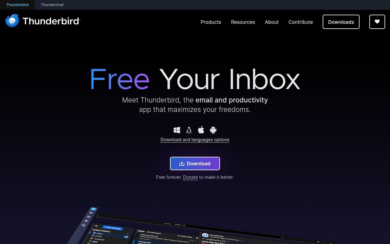 Thunderbird homepage showing the free email app for Windows, macOS and Linux